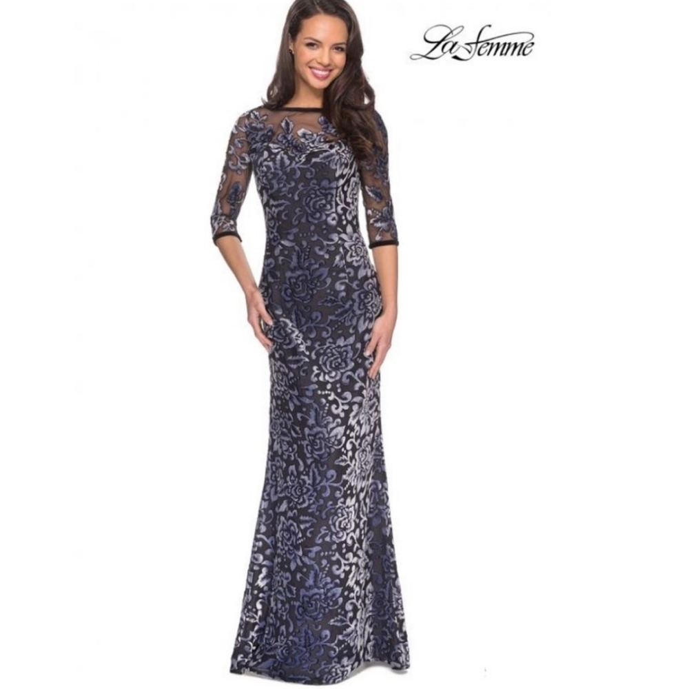 La Femme black purple floral maxi gown dress